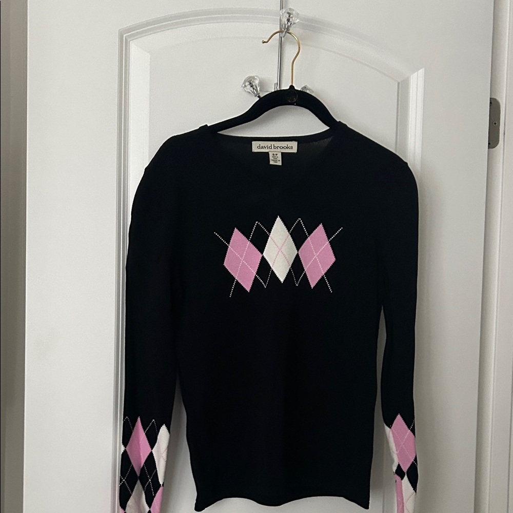 David Brooks Black Sweater with Pink & White Argyle Accents